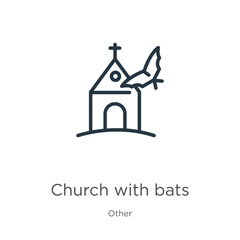 Church with bats icon. Thin linear church with bats outline icon isolated on white background from other collection. Line vector sign, symbol for web and mobile
