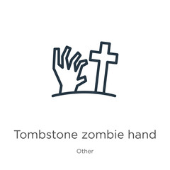 Obraz premium Tombstone zombie hand icon. Thin linear tombstone zombie hand outline icon isolated on white background from other collection. Line vector sign, symbol for web and mobile