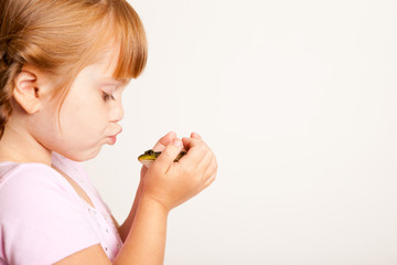 Little Princess Girl Kissing a Frog, Fairy Tale Magic