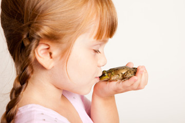 Little Princess Girl Kissing a Frog, Fairy Tale Magic