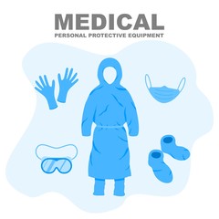 Medical Personal Protective Equipment, medical personnel infection prevention kit vector illustration.