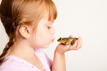 Little Princess Girl Kissing a Frog, Fairy Tale Magic