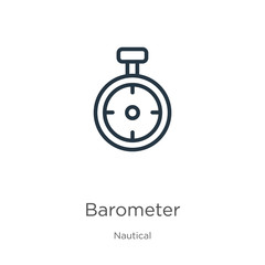 Barometer icon. Thin linear barometer outline icon isolated on white background from nautical collection. Line vector sign, symbol for web and mobile