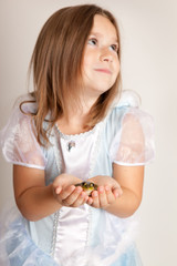 Happy Princess Girl Holding a Frog, Fairy Tale Magic