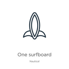 One surfboard icon. Thin linear one surfboard outline icon isolated on white background from nautical collection. Line vector sign, symbol for web and mobile