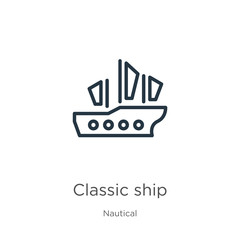Classic ship icon. Thin linear classic ship outline icon isolated on white background from nautical collection. Line vector sign, symbol for web and mobile