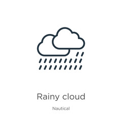 Rainy cloud icon. Thin linear rainy cloud outline icon isolated on white background from nautical collection. Line vector sign, symbol for web and mobile