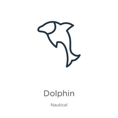 Fototapeta premium Dolphin icon. Thin linear dolphin outline icon isolated on white background from nautical collection. Line vector sign, symbol for web and mobile