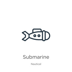 Submarine icon. Thin linear submarine outline icon isolated on white background from nautical collection. Line vector sign, symbol for web and mobile