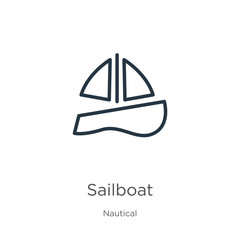 Sailboat icon. Thin linear sailboat outline icon isolated on white background from nautical collection. Line vector sign, symbol for web and mobile