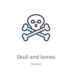 Skull and bones icon. Thin linear skull and bones outline icon isolated on white background from nautical collection. Line vector sign, symbol for web and mobile