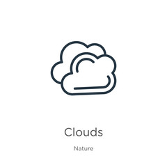 Clouds icon. Thin linear clouds outline icon isolated on white background from nature collection. Line vector sign, symbol for web and mobile