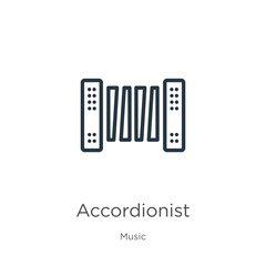 Accordionist icon. Thin linear accordionist outline icon isolated on white background from music collection. Line vector sign, symbol for web and mobile