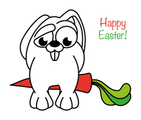 Cartoon rabbit with guilt hides carrots behind its back. Contour design of an easter bunny. Symbol for web sites on a white background. Isolated object Vector, illustration