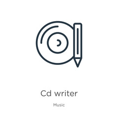 Cd writer icon. Thin linear cd writer outline icon isolated on white background from music collection. Line vector sign, symbol for web and mobile