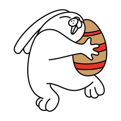 Cartoon white rabbit dancing with chicken egg. Contour design of an easter bunny. Symbol for web sites on a white background. Isolated object Vector, illustration