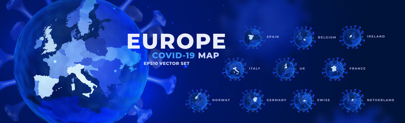 Obraz premium COVID-19 Coronavirus 3d cells banner with European countries map set vector illustration template