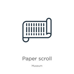 Paper scroll icon. Thin linear paper scroll outline icon isolated on white background from museum collection. Line vector sign, symbol for web and mobile