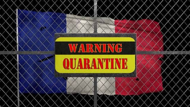 3d Illustration of iron gate with message "warning quarantine". Ragged French flag is waving in the wind.