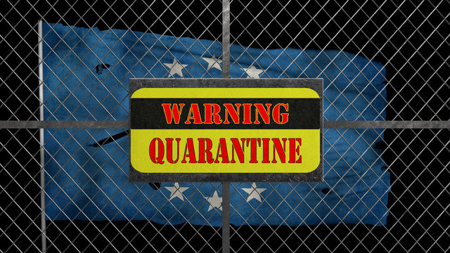 3d Illustration of iron gate with message "warning quarantine". Ragged european union flag is waving in the wind.
