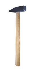 Metal hammer on a wooden handle with a black tip, on an isolated background