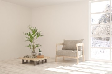 White room with armchair and winter landscape in window. Scandinavian interior design. 3D illustration