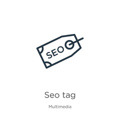 Seo tag icon. Thin linear seo tag outline icon isolated on white background from multimedia collection. Line vector sign, symbol for web and mobile