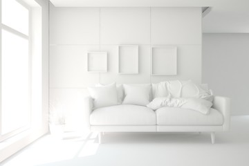 White minimalist living room with sofa. Scandinavian interior design. 3D illustration