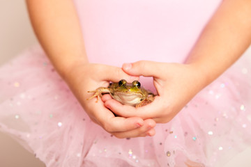 Little Princess Girl Holding a Frog, Fairy Tale Magic
