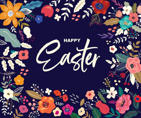 Easter greeting illustration with colorful spring flowers. Happy Easter template, invitation