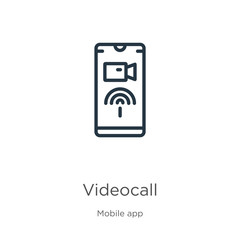 Videocall icon. Thin linear videocall outline icon isolated on white background from mobile app collection. Line vector sign, symbol for web and mobile