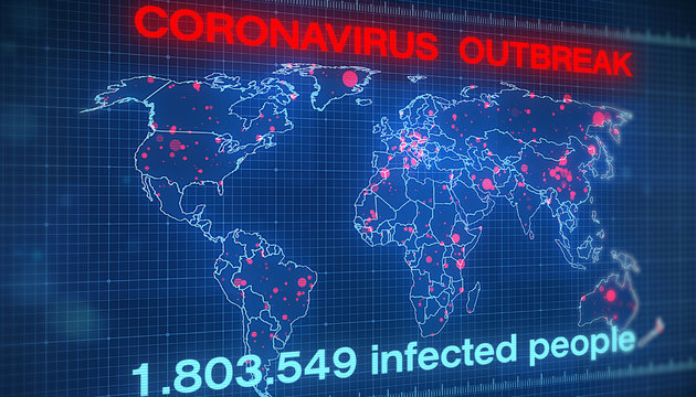 Illustation of a world map showing the outbreak of the coronavirus