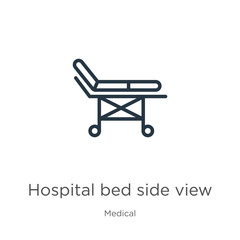 Hospital bed side view icon. Thin linear hospital bed side view outline icon isolated on white background from medical collection. Line vector sign, symbol for web and mobile