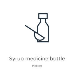 Syrup medicine bottle icon. Thin linear syrup medicine bottle outline icon isolated on white background from medical collection. Line vector sign, symbol for web and mobile