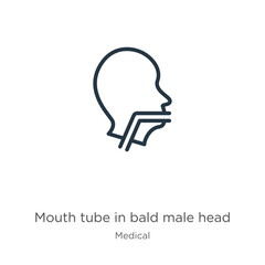 Fototapeta na wymiar Mouth tube in bald male head icon. Thin linear mouth tube in bald male head outline icon isolated on white background from medical collection. Line vector sign, symbol for web and mobile