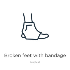 Broken feet with bandage icon. Thin linear broken feet with bandage outline icon isolated on white background from medical collection. Line vector sign, symbol for web and mobile