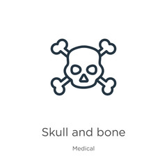 Skull and bone icon. Thin linear skull and bone outline icon isolated on white background from medical collection. Line vector sign, symbol for web and mobile