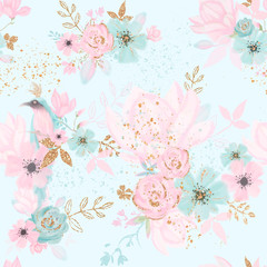 Floral seamless pattern with blue bird, pink flowes, gold leaves. Kids room wallpaper © Fleur*Design