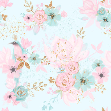 Floral seamless pattern with blue bird, pink flowes, gold leaves. Kids room wallpaper