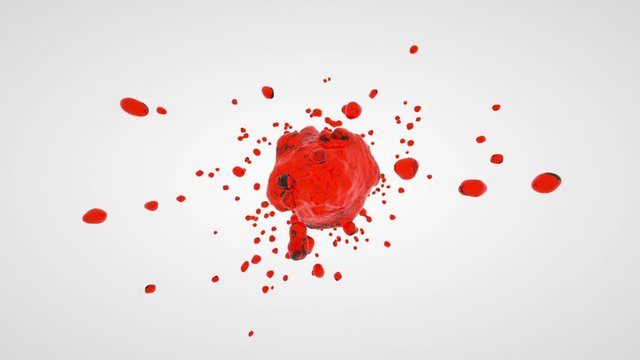 Animation of explosion of a drop of blood on a white background.