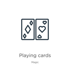 Playing cards icon. Thin linear playing cards outline icon isolated on white background from magic collection. Line vector sign, symbol for web and mobile