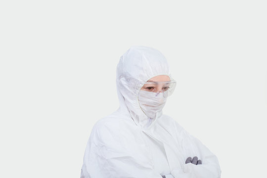 Doctor Woman Protective Suit Face Mask Glasses White Covid 19 Isolated Background