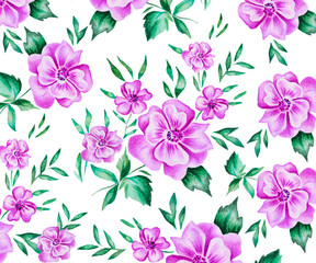 Flower pattern. Pink bouquets of flowers with leaves on a white background. Idea for textiles.