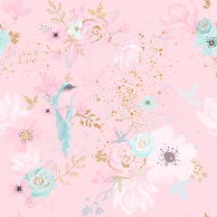 Fototapeta na wymiar Floral seamless pattern with blue bird, pink flowes, gold leaves. Kids room wallpaper