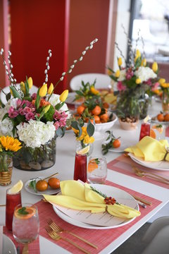 brunch tablescape with floral arrangement