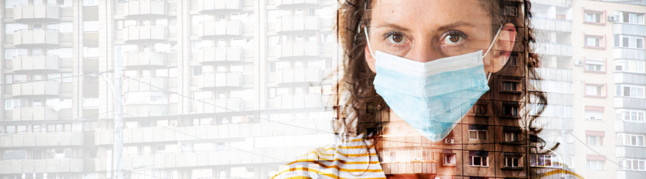 Double Exposure Of Woman Wearing Medical Mask And Busy City - Social Distancing - Coronavirus Measure