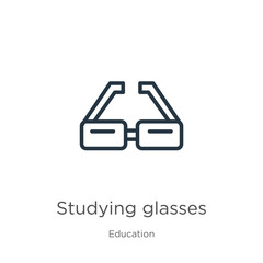 Studying glasses icon. Thin linear studying glasses outline icon isolated on white background from education collection. Line vector sign, symbol for web and mobile