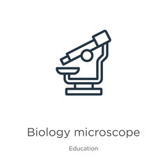 Biology microscope icon. Thin linear biology microscope outline icon isolated on white background from education collection. Line vector sign, symbol for web and mobile