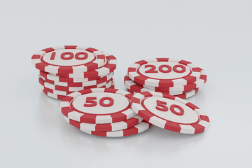 Collection realistic of isometric red & white casino chips, stack of poker chips on grey background, Concept Vegas Online Casino Banner, Gambling Games Conceptual Graphic, 50,100,200 coin.  3d render