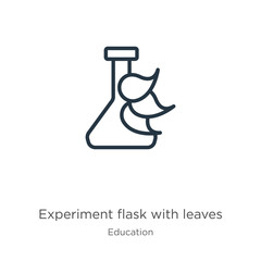 Experiment flask with leaves symbol icon. Thin linear experiment flask with leaves symbol outline icon isolated on white background from education collection. Line vector sign, symbol for web and